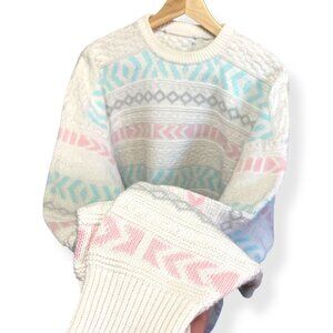 90s Pastel Geometric Knit Sweater Crewneck Oversized Retro Spring Grunge Sz L